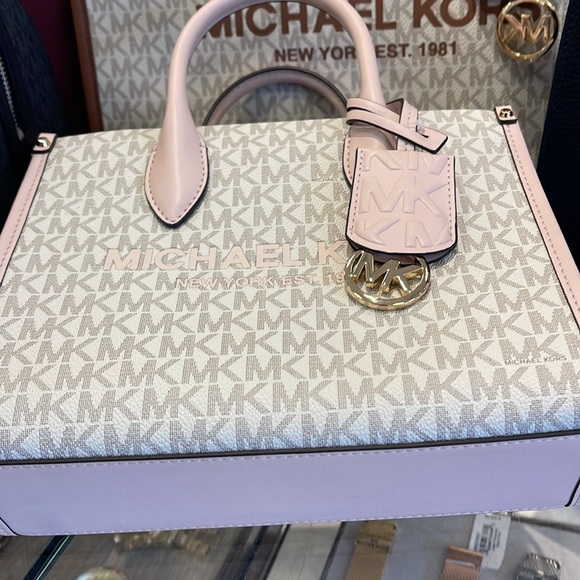 Michael Kors Mirella Small Shopper Top Zip Crossbody Bag Powder Blush Multi Logo - Picture 10 of 16